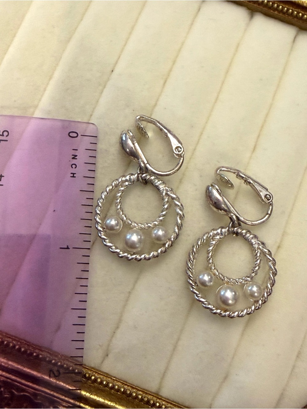 Silver Tone Dangle Earrings Clip On Twisted Rope Style Faux Pearls Office Formal - Picture 6 of 8